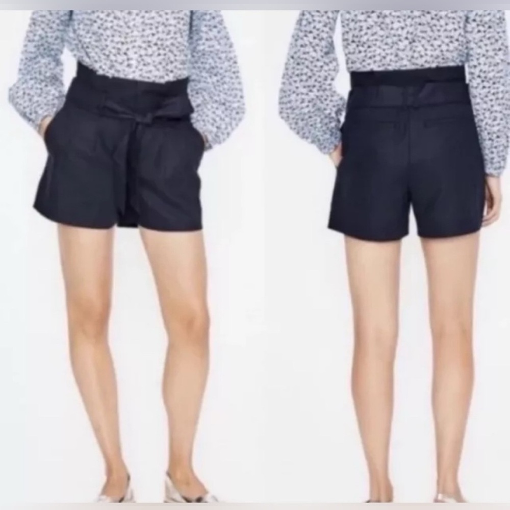 Boden Womens Paperbag High Waisted Shorts size 6 Navy Blue Linen/ cotton Tie